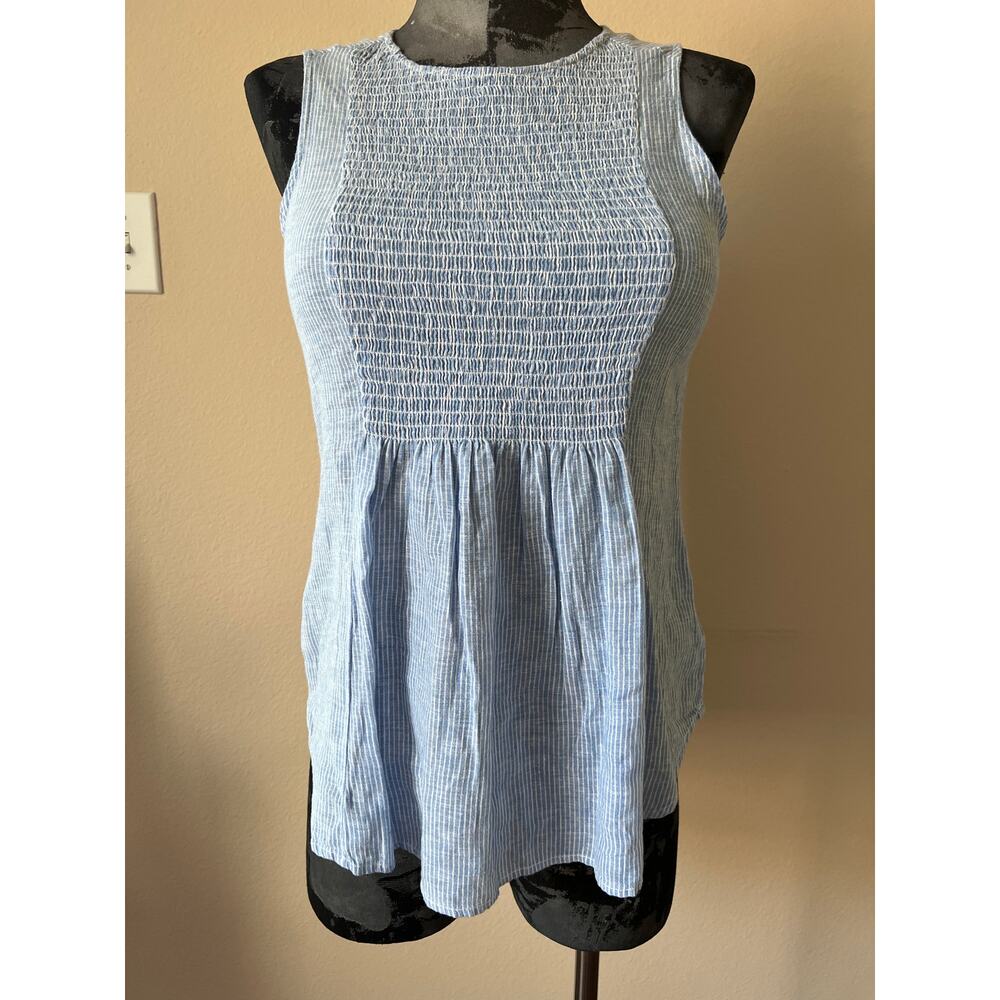 Beach Lunch Lounge Olympia Smocked Blue White Striped Top Size Medium Coastal